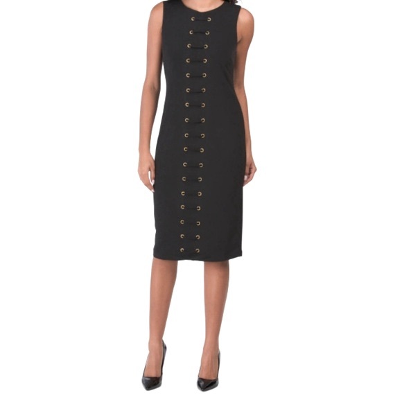 CARMEN Carmen Marc Valvo BLACK LACE UP GROMMET TRIM SLEEVELESS DRESS SIZE SMALL - Picture 1 of 16